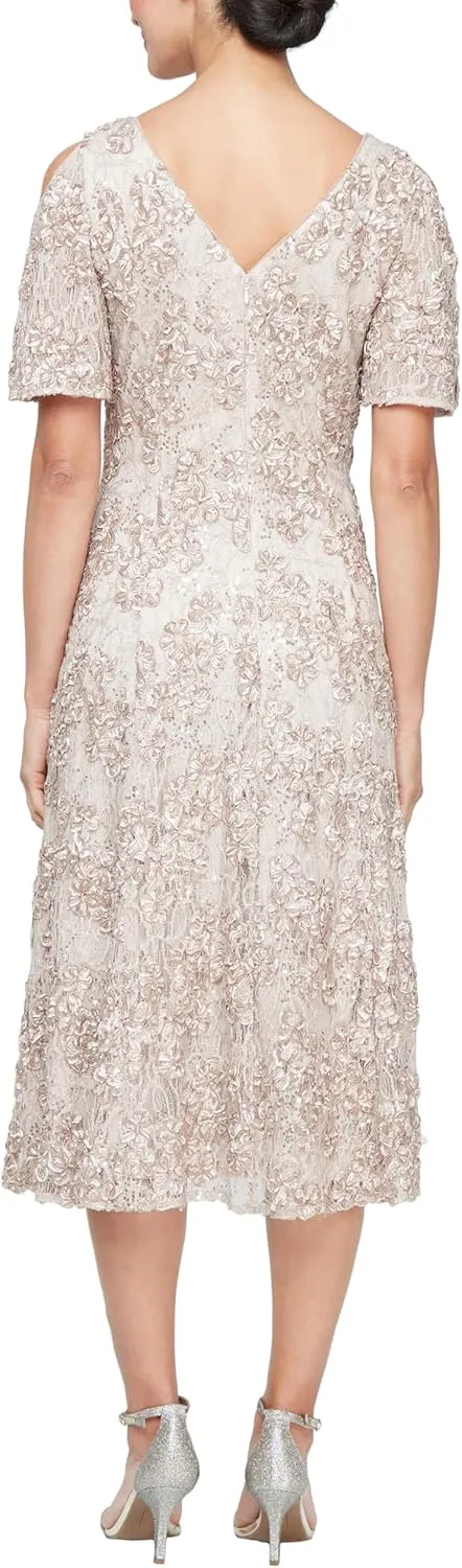 Alex Evenings Women's Midi Stretch Lace & Sequin Formal Dress, Wedding Guest, Mother of The Bride (Petite and Regular Sizes)