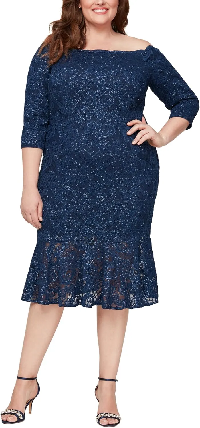 Alex Evenings Women's Plus Size Off The Shoulder Fit and Flare Flounce Hem Cocktail Gown, Mother of The Bride Dress