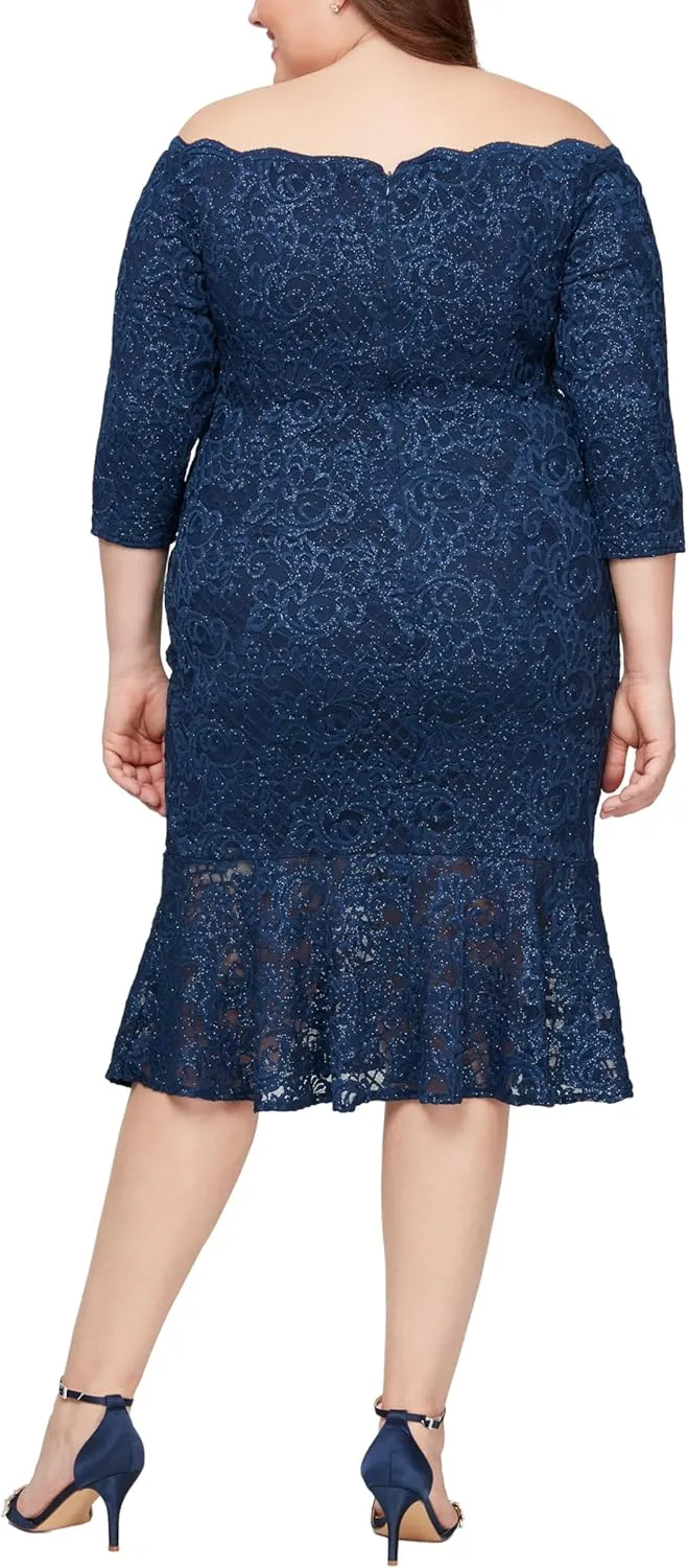 Alex Evenings Women's Plus Size Off The Shoulder Fit and Flare Flounce Hem Cocktail Gown, Mother of The Bride Dress