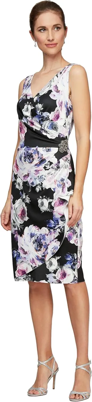 Alex Evenings Women's Short Crepe Cocktail Dress with Side Ruched Waist, Wedding Guest (Petite and Regular Sizes)