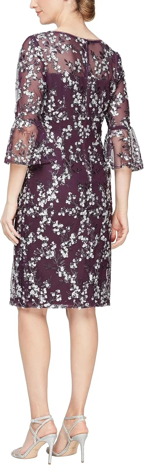 Alex Evenings Women's Short Shift Cocktail Gown with Bell Sleeves, Formal Events, Wedding Guest Dress
