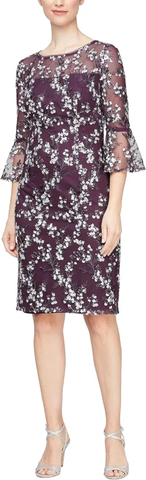 Alex Evenings Women's Short Shift Cocktail Gown with Bell Sleeves, Formal Events, Wedding Guest Dress
