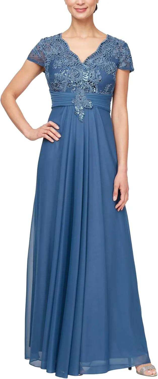 Alex Evenings Women's Stretch Sequin Bodice Empire Waist Long Gown, Formal Event Dress (Petite and Regular Sizes)