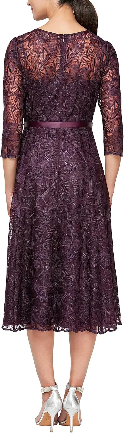 Alex Evenings Women's Tea Length Embroidered Cocktail Dress with Illusion Sleeves, Wedding Guest (Petite and Regular Sizes)