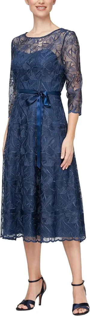 Alex Evenings Women's Tea Length Embroidered Cocktail Dress with Illusion Sleeves, Wedding Guest (Petite and Regular Sizes)
