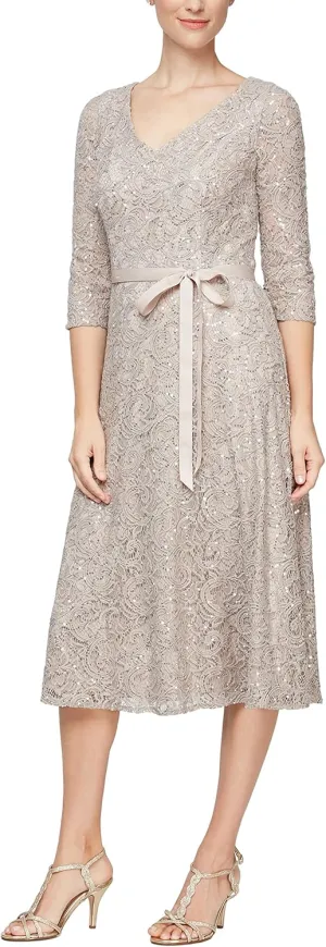 Alex Evenings Women's Tea Length Embroidered Cocktail Dress with Illusion Sleeves, Wedding Guest (Petite and Regular Sizes)