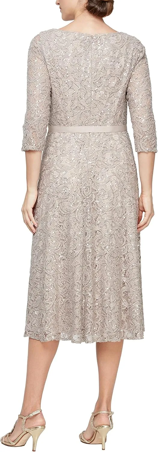 Alex Evenings Women's Tea Length Embroidered Cocktail Dress with Illusion Sleeves, Wedding Guest (Petite and Regular Sizes)