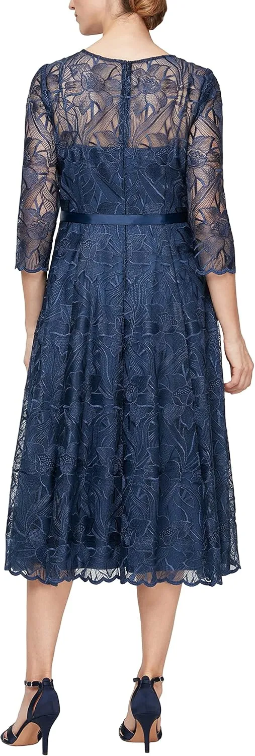 Alex Evenings Women's Tea Length Embroidered Cocktail Dress with Illusion Sleeves, Wedding Guest (Petite and Regular Sizes)