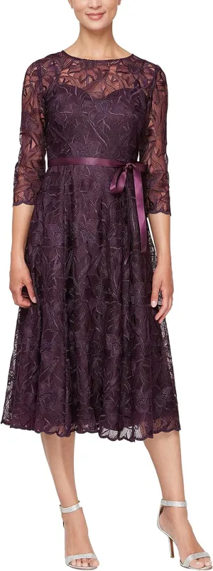 Alex Evenings Women's Tea Length Embroidered Cocktail Dress with Illusion Sleeves, Wedding Guest (Petite and Regular Sizes)