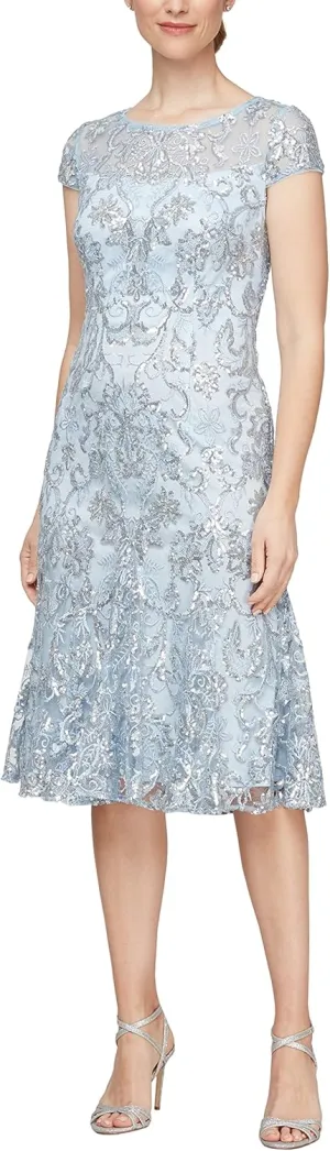 Alex Evenings Women's Tea Length Embroidered Cocktail Godets, Wedding Guest, Party Dress (Petite and Regular Sizes)