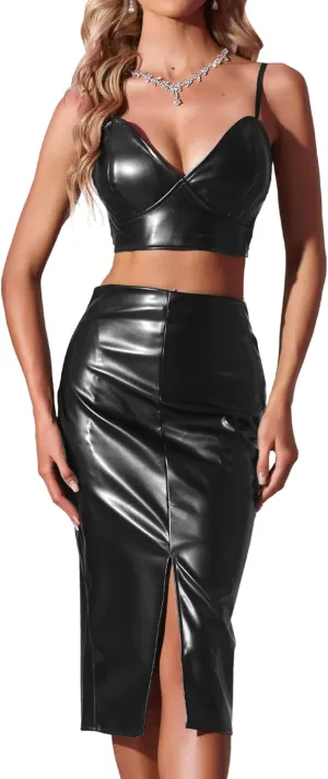 Allegra K Women's Faux LeatherTop Cocktail Party Crop Cami Bodycon Pencil Skirt 2 Piece Outfit Skirt Set