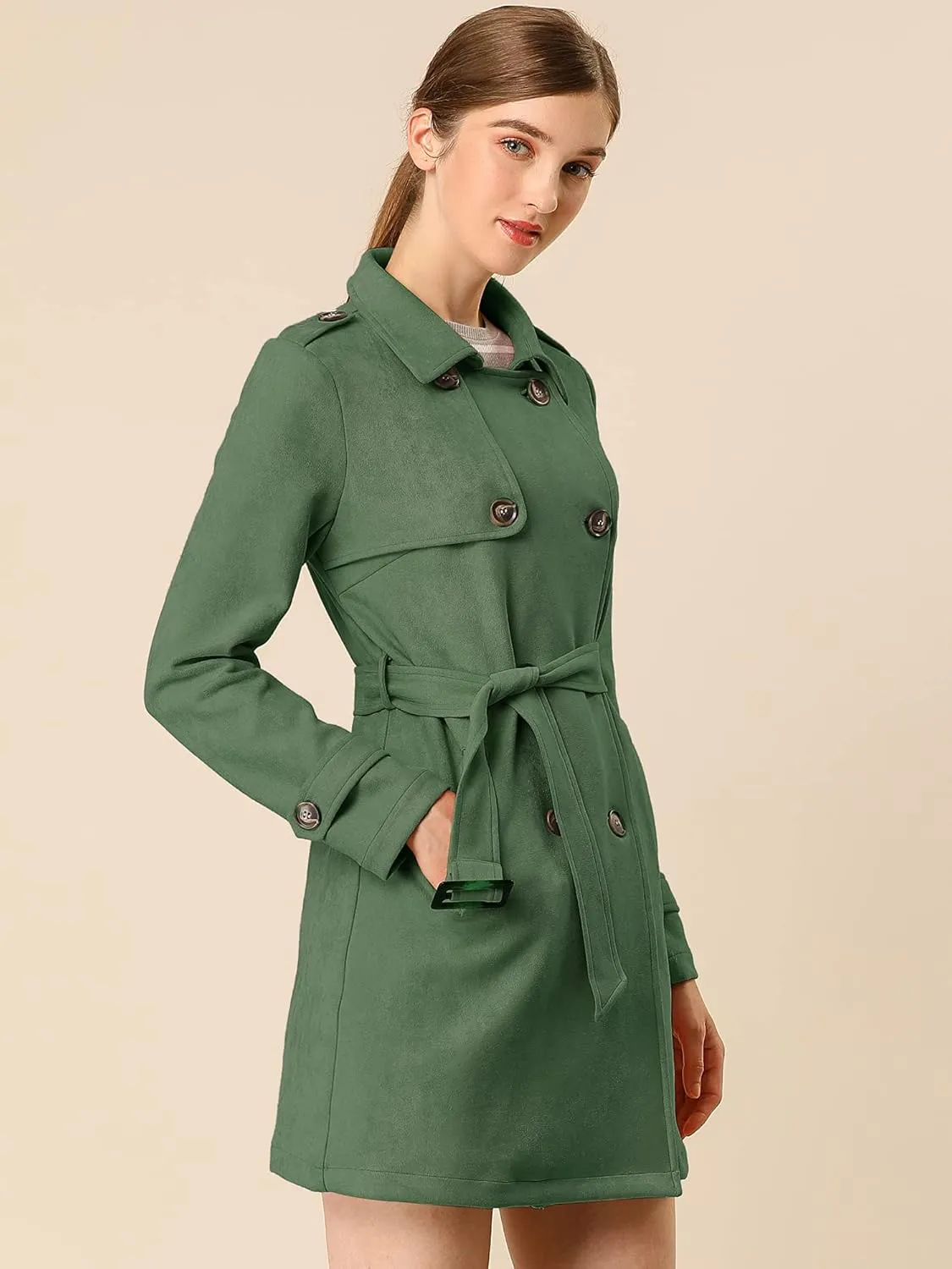 Allegra K Women's Faux Suede Trench Coat Notched Lapel Double Breasted Jacket with Belt