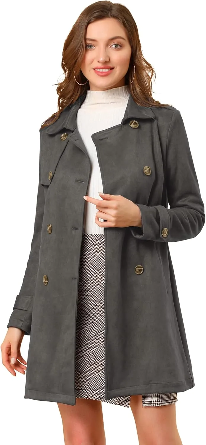 Allegra K Women's Faux Suede Trench Coat Notched Lapel Double Breasted Jacket with Belt