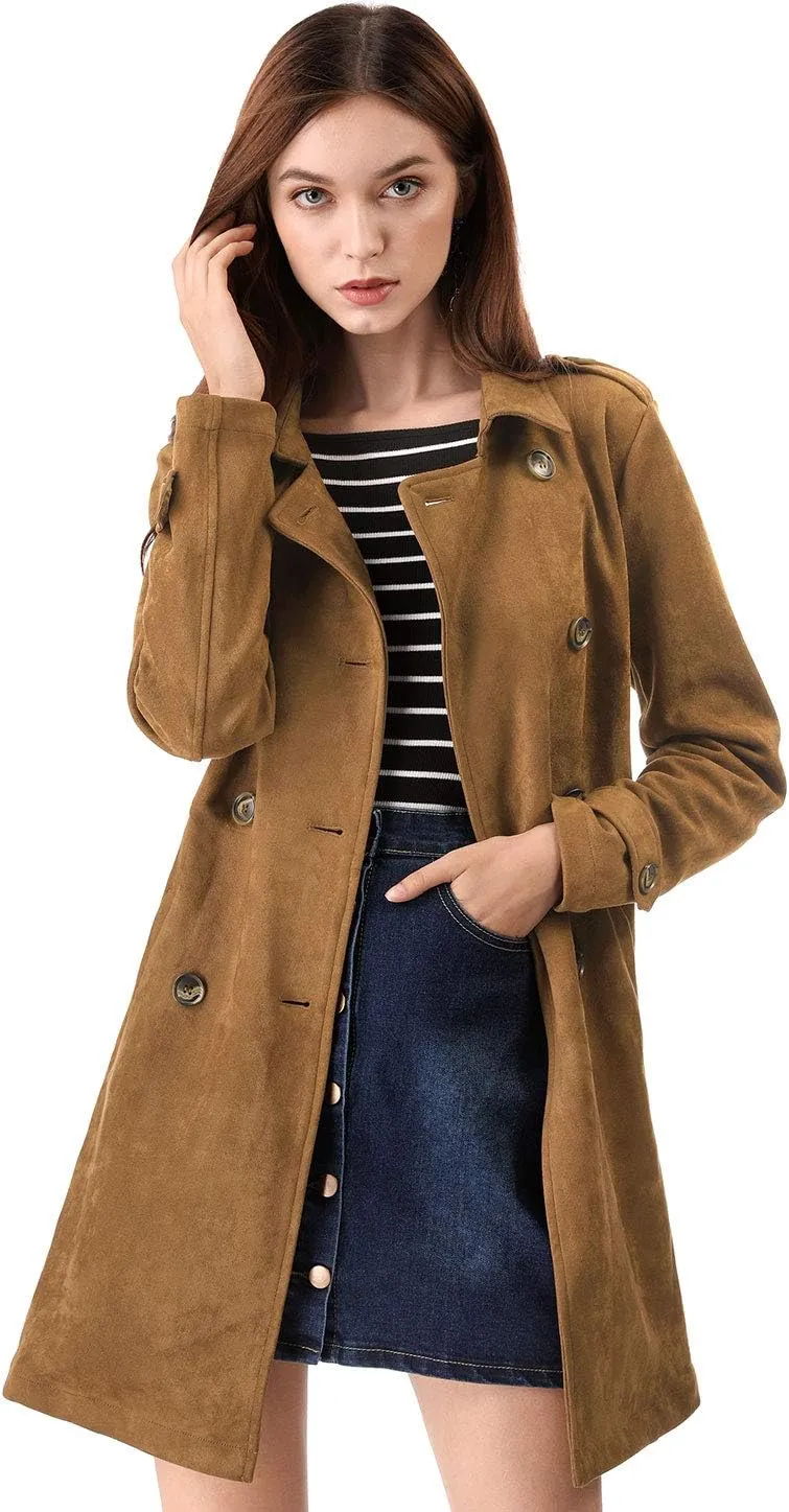 Allegra K Women's Faux Suede Trench Coat Notched Lapel Double Breasted Jacket with Belt