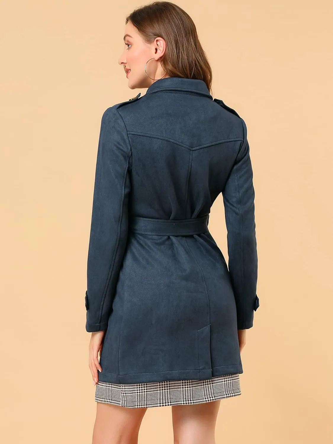 Allegra K Women's Faux Suede Trench Coat Notched Lapel Double Breasted Jacket with Belt