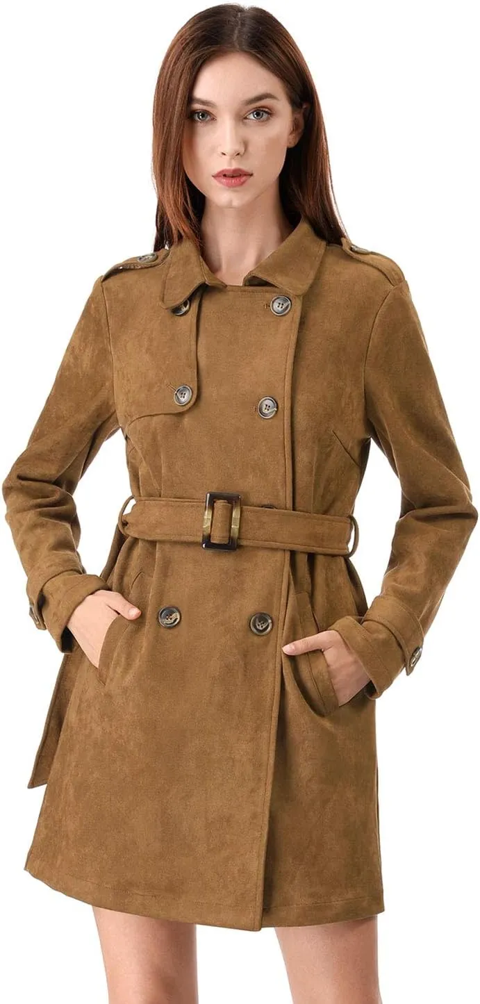 Allegra K Women's Faux Suede Trench Coat Notched Lapel Double Breasted Jacket with Belt