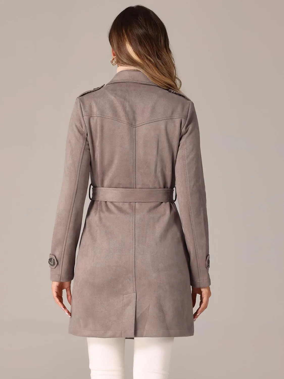Allegra K Women's Faux Suede Trench Coat Notched Lapel Double Breasted Jacket with Belt
