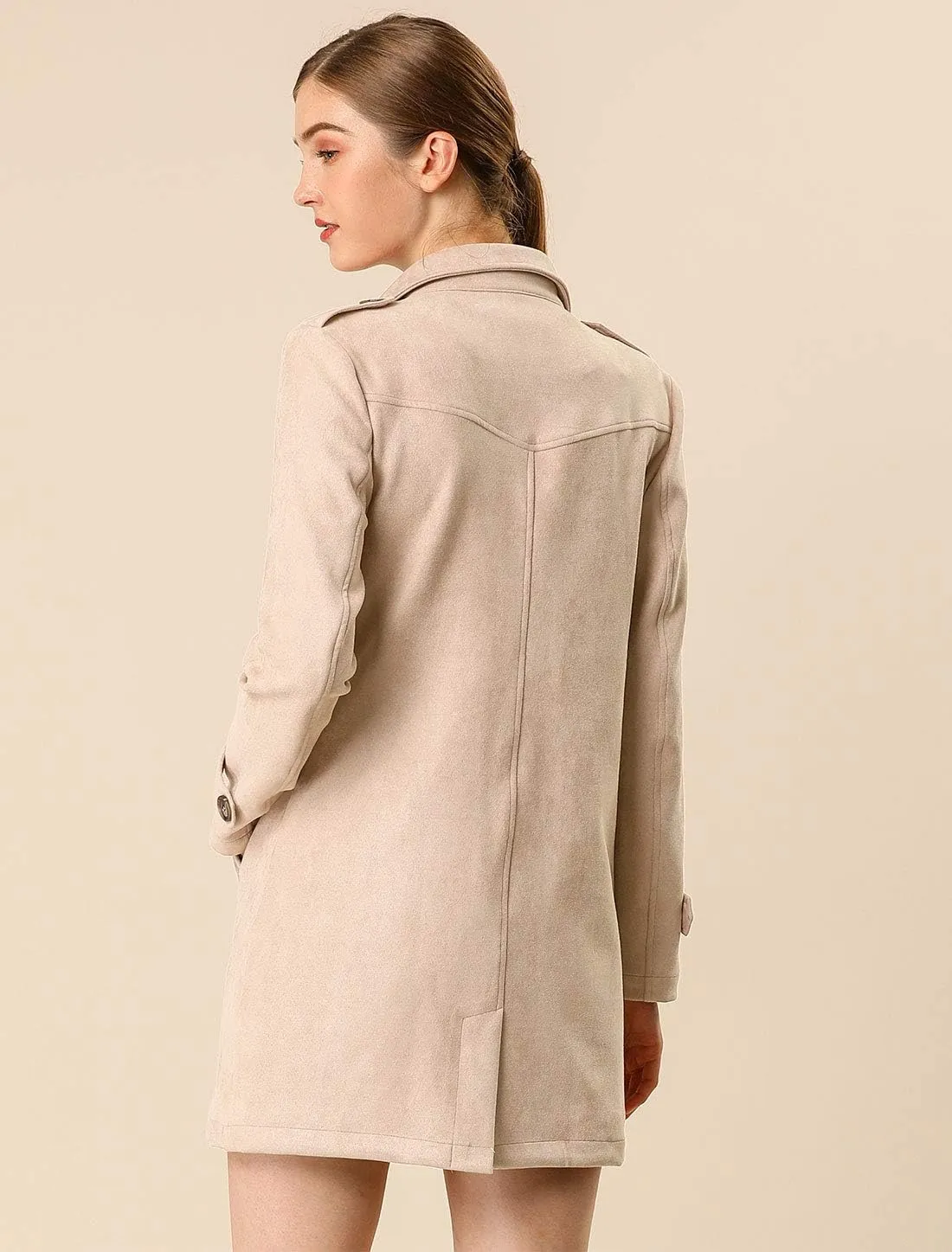 Allegra K Women's Faux Suede Trench Coat Notched Lapel Double Breasted Jacket with Belt