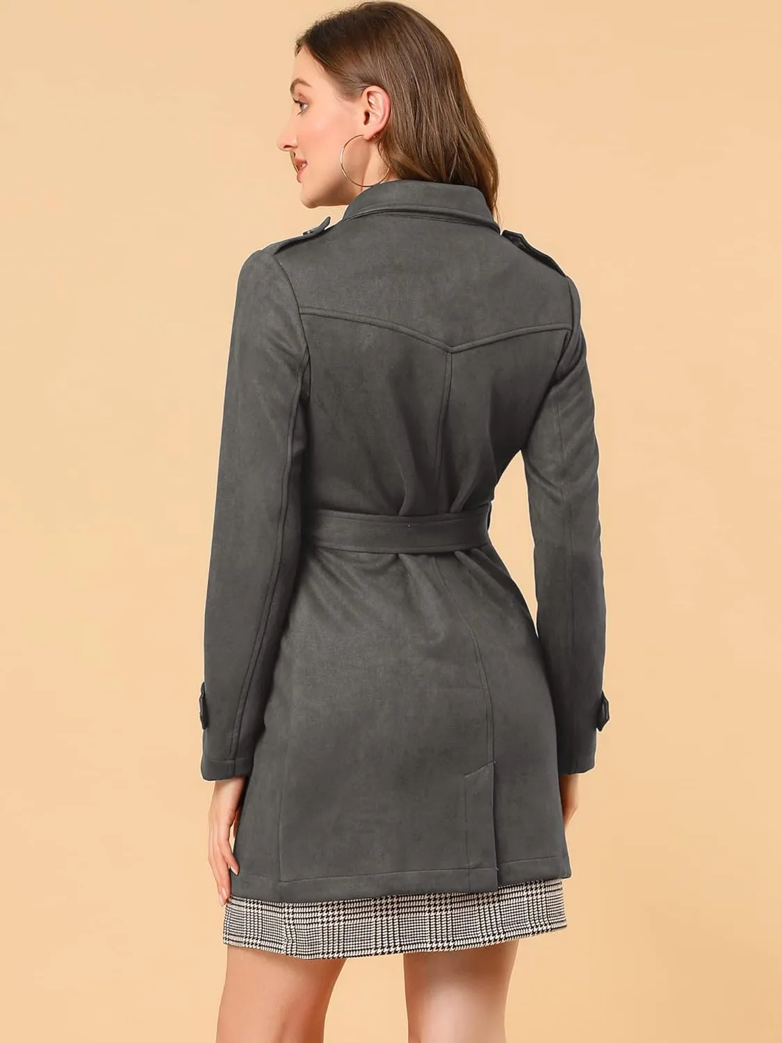 Allegra K Women's Faux Suede Trench Coat Notched Lapel Double Breasted Jacket with Belt