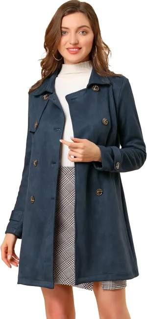 Allegra K Women's Faux Suede Trench Coat Notched Lapel Double Breasted Jacket with Belt
