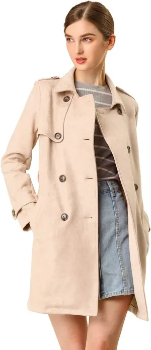 Allegra K Women's Faux Suede Trench Coat Notched Lapel Double Breasted Jacket with Belt