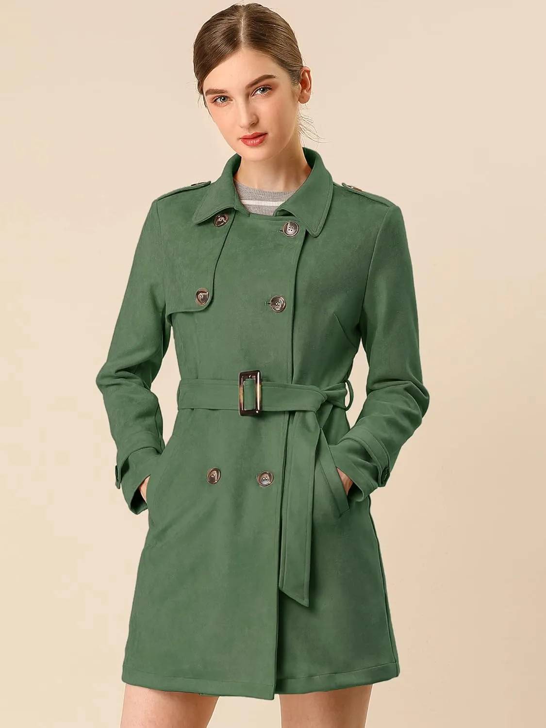 Allegra K Women's Faux Suede Trench Coat Notched Lapel Double Breasted Jacket with Belt