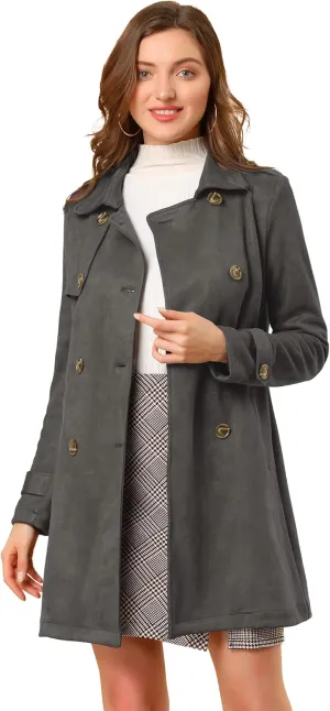 Allegra K Women's Faux Suede Trench Coat Notched Lapel Double Breasted Jacket with Belt