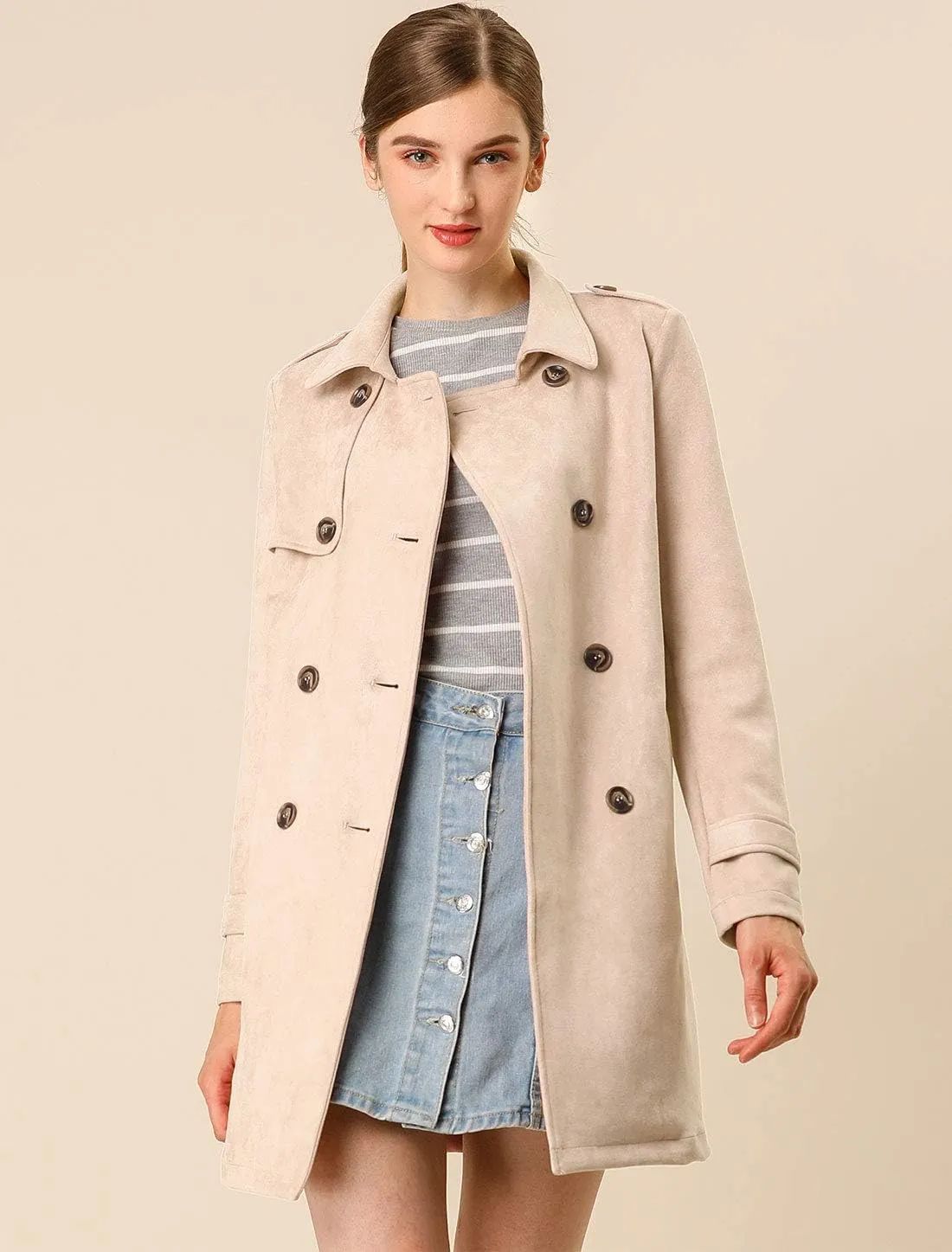 Allegra K Women's Faux Suede Trench Coat Notched Lapel Double Breasted Jacket with Belt