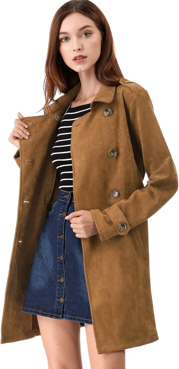 Allegra K Women's Faux Suede Trench Coat Notched Lapel Double Breasted Jacket with Belt