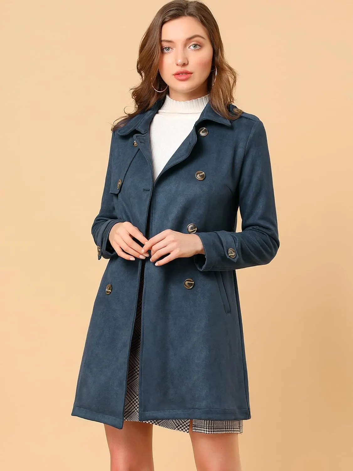 Allegra K Women's Faux Suede Trench Coat Notched Lapel Double Breasted Jacket with Belt
