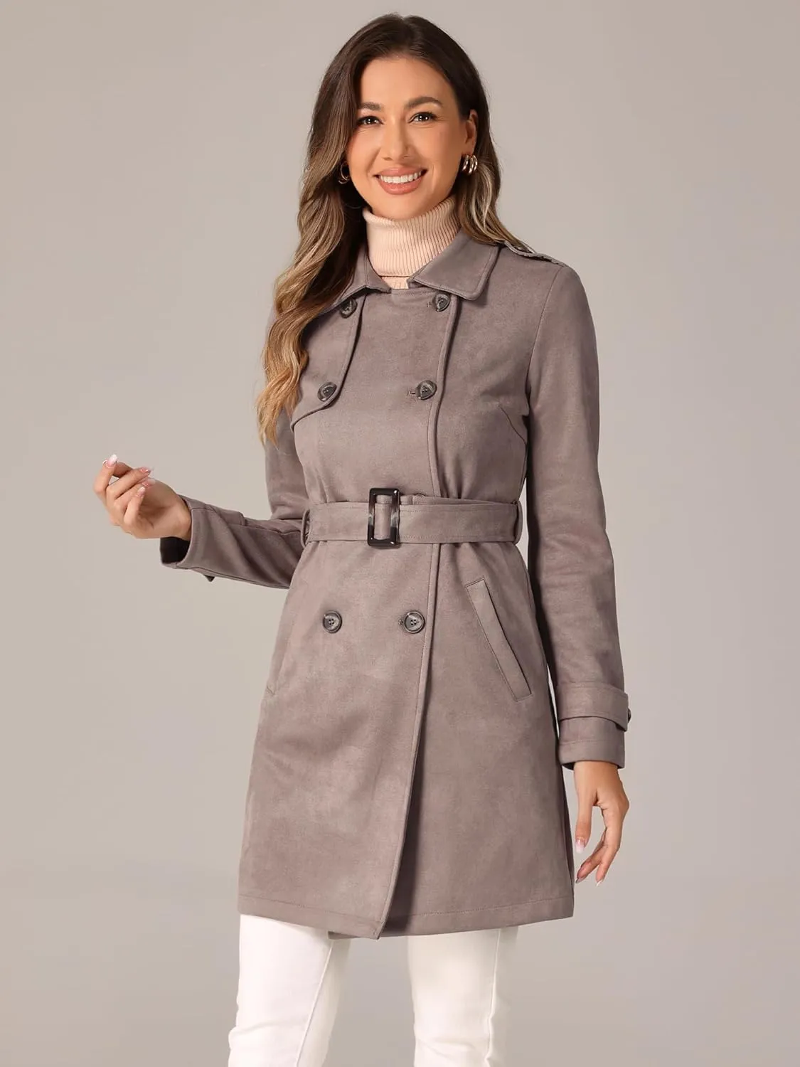 Allegra K Women's Faux Suede Trench Coat Notched Lapel Double Breasted Jacket with Belt