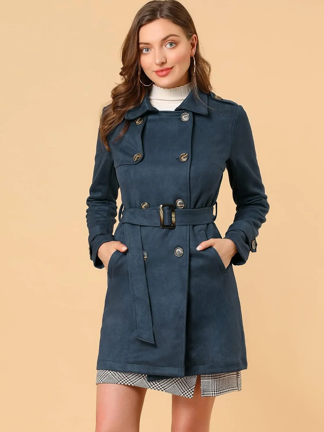 Allegra K Women's Faux Suede Trench Coat Notched Lapel Double Breasted Jacket with Belt