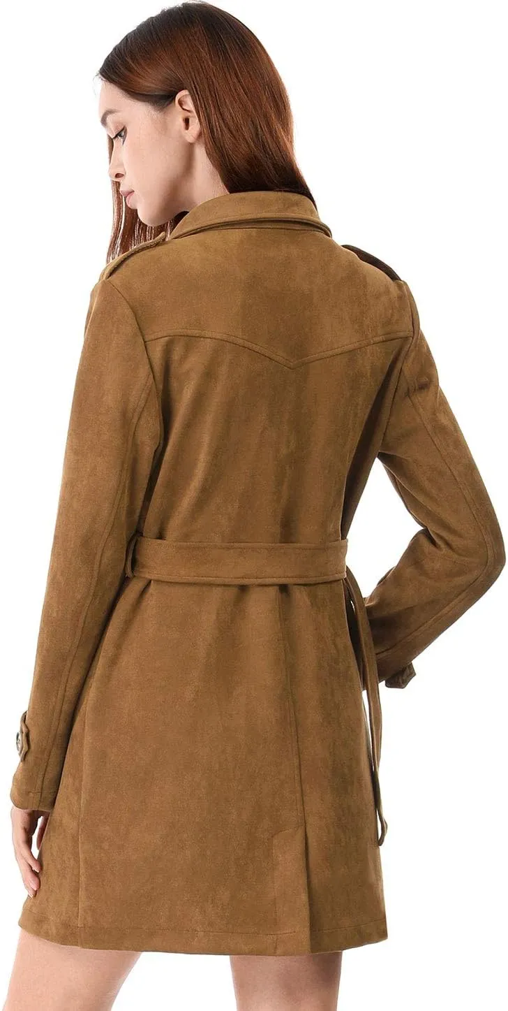 Allegra K Women's Faux Suede Trench Coat Notched Lapel Double Breasted Jacket with Belt