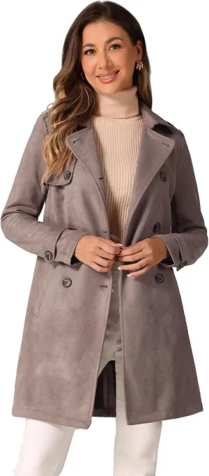 Allegra K Women's Faux Suede Trench Coat Notched Lapel Double Breasted Jacket with Belt