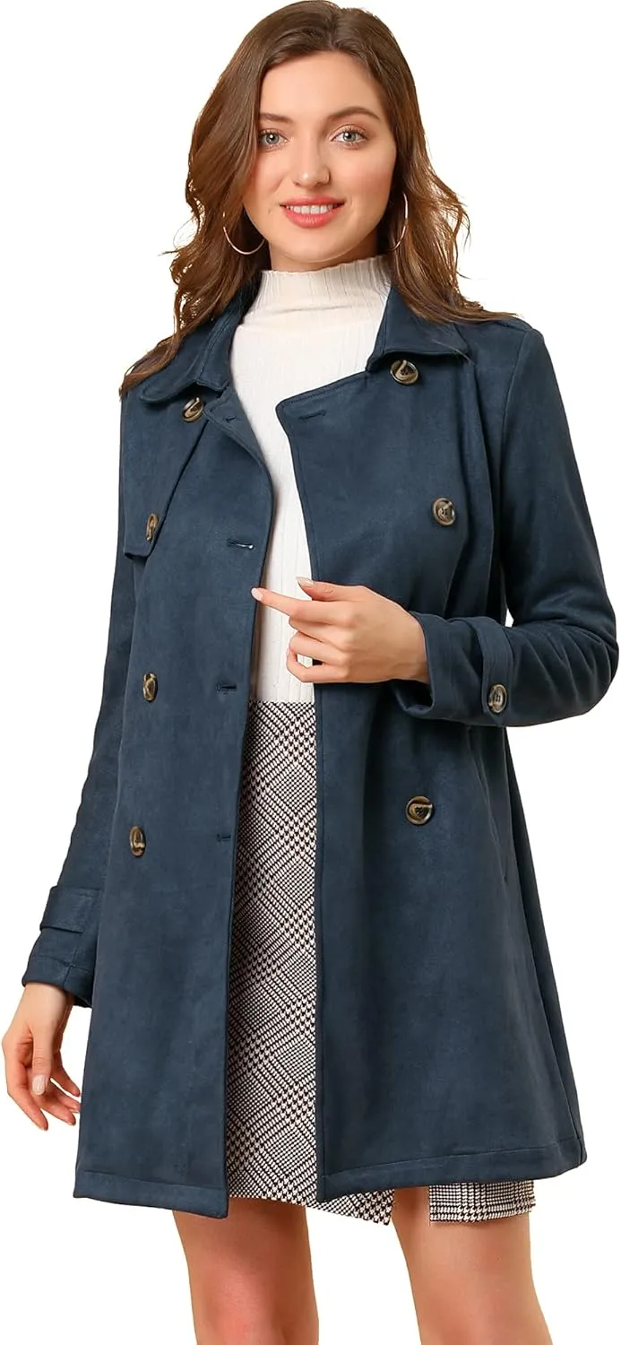 Allegra K Women's Faux Suede Trench Coat Notched Lapel Double Breasted Jacket with Belt