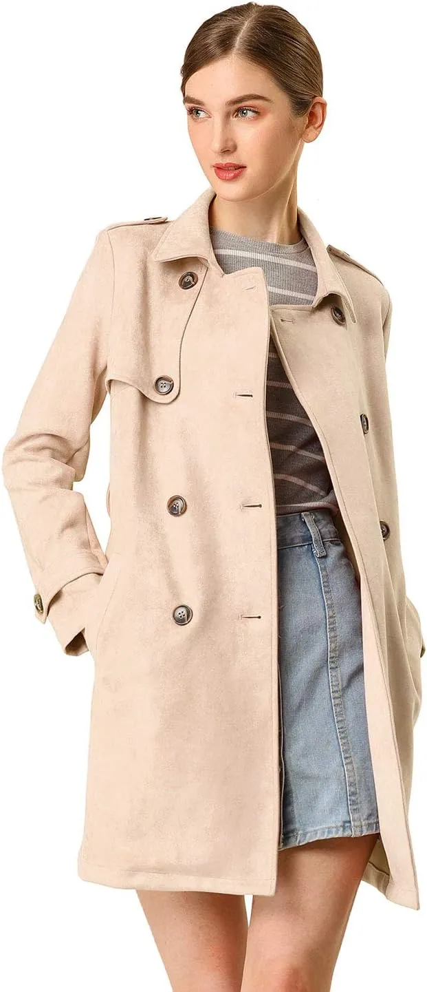 Allegra K Women's Faux Suede Trench Coat Notched Lapel Double Breasted Jacket with Belt