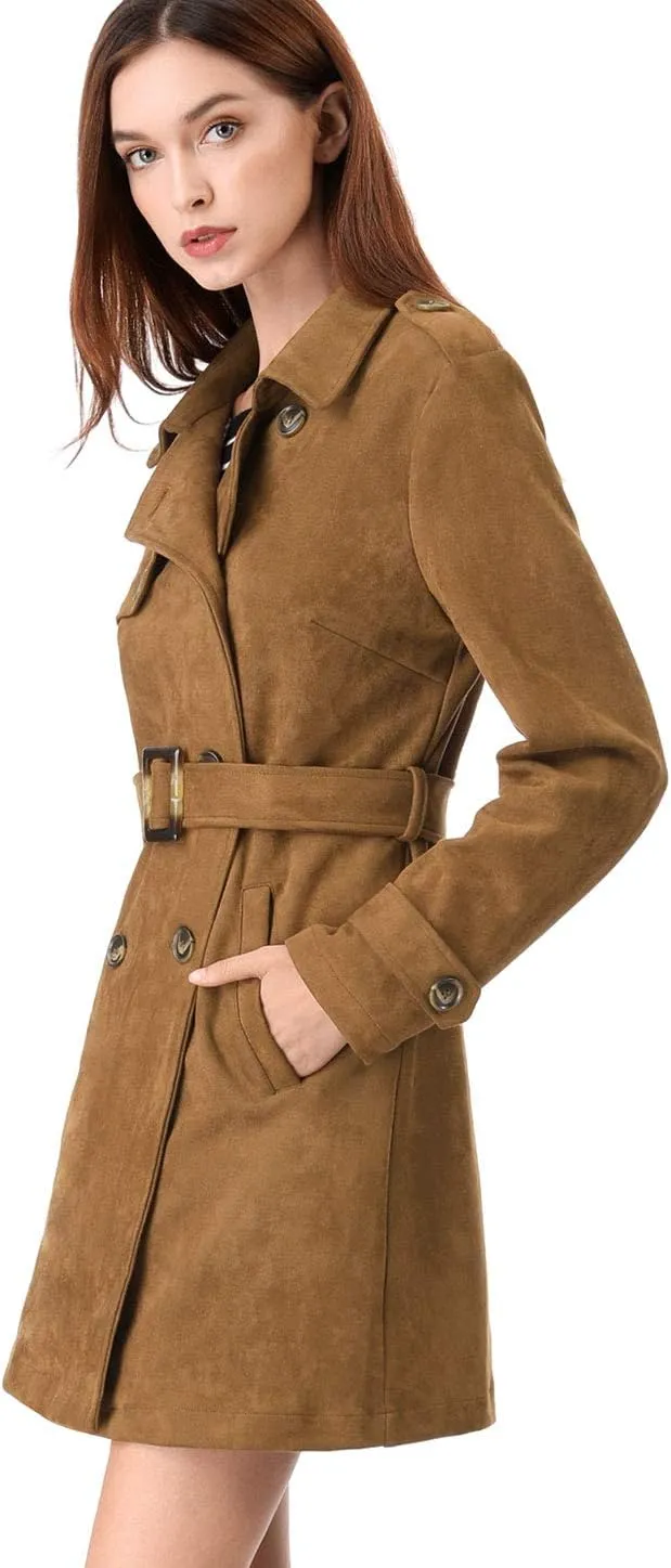 Allegra K Women's Faux Suede Trench Coat Notched Lapel Double Breasted Jacket with Belt
