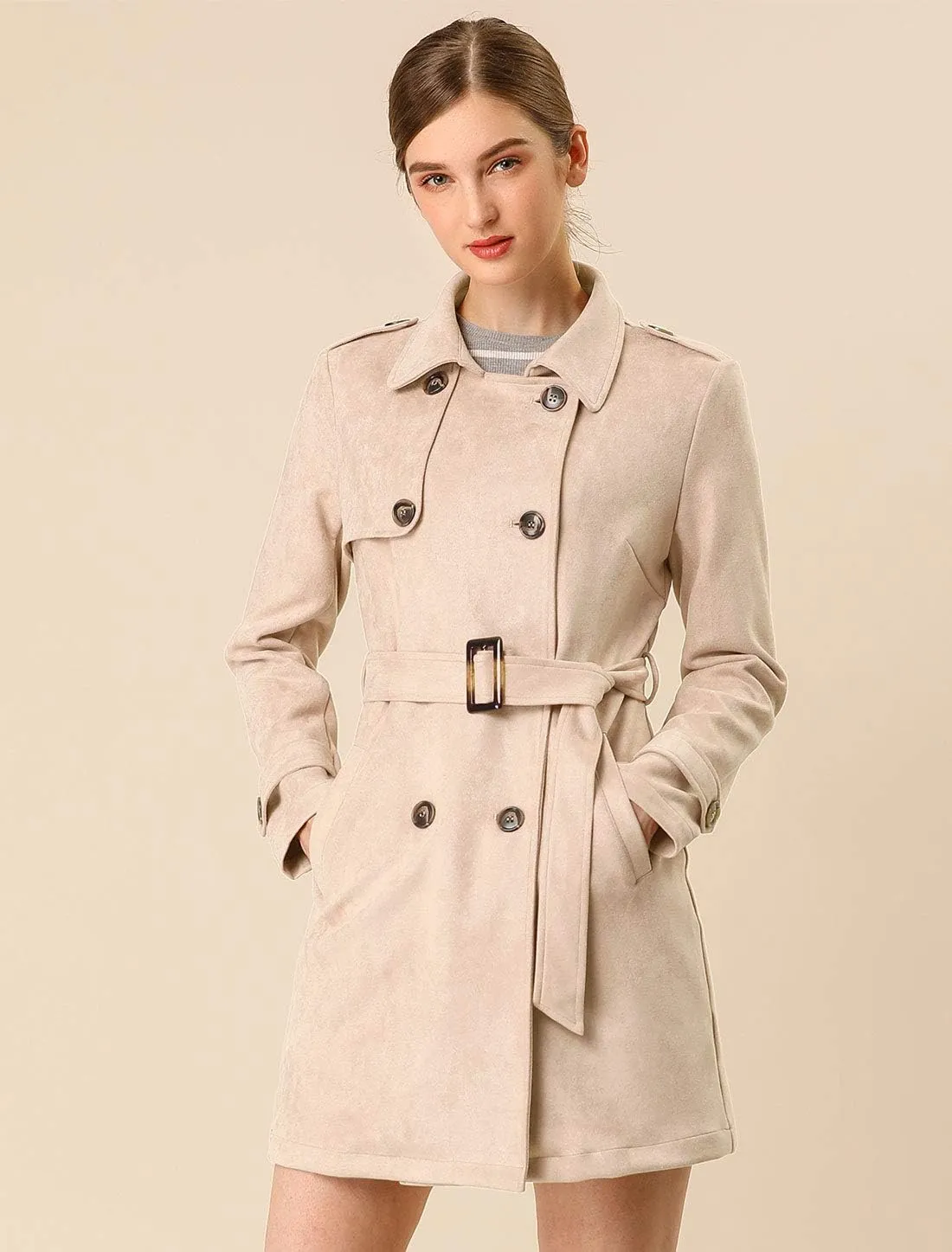 Allegra K Women's Faux Suede Trench Coat Notched Lapel Double Breasted Jacket with Belt