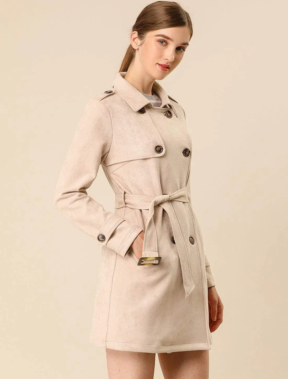 Allegra K Women's Faux Suede Trench Coat Notched Lapel Double Breasted Jacket with Belt