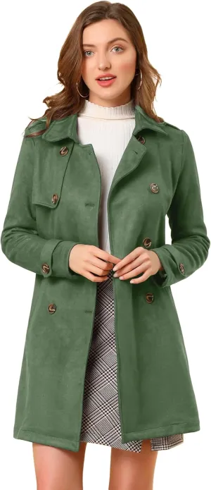 Allegra K Women's Faux Suede Trench Coat Notched Lapel Double Breasted Jacket with Belt