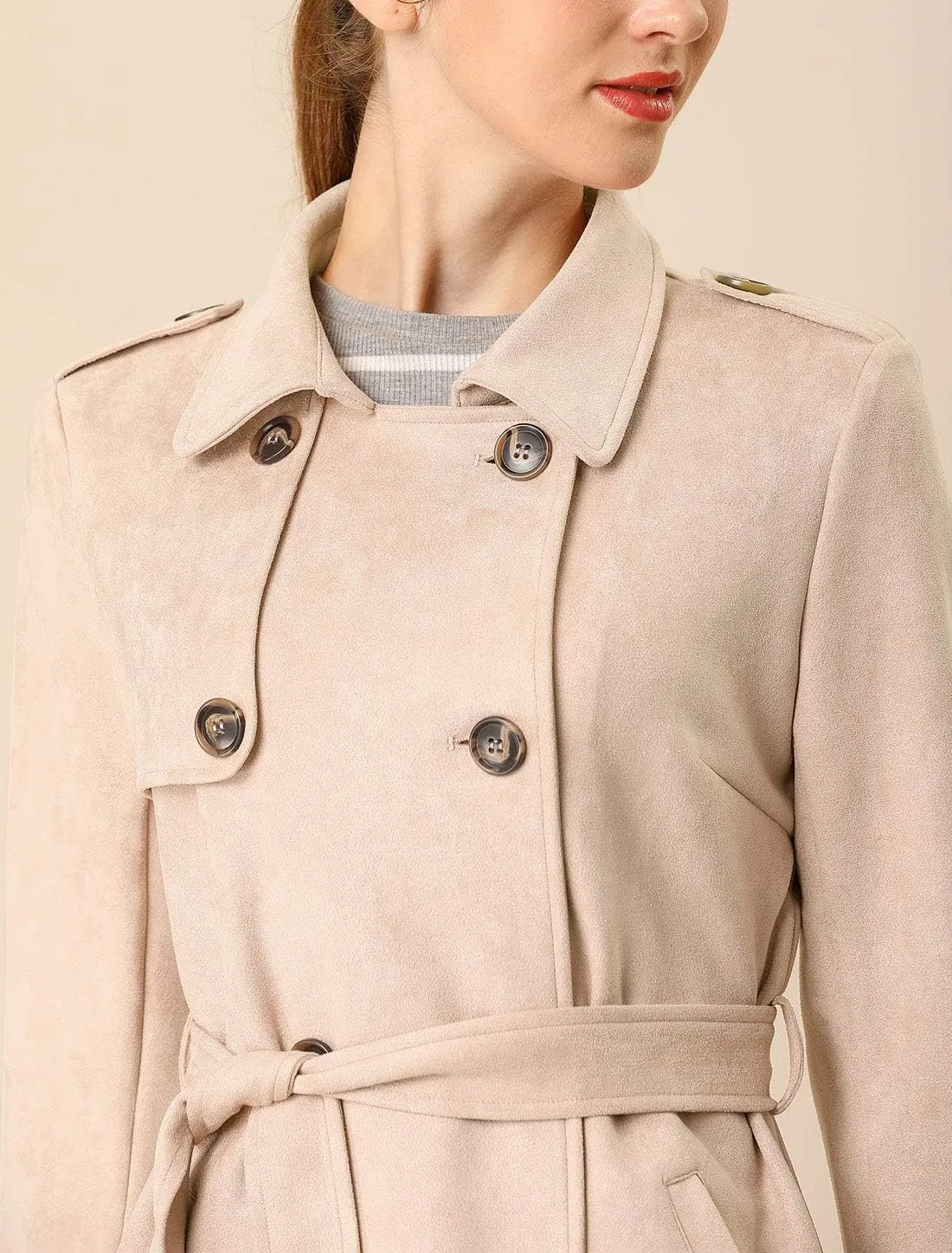 Allegra K Women's Faux Suede Trench Coat Notched Lapel Double Breasted Jacket with Belt