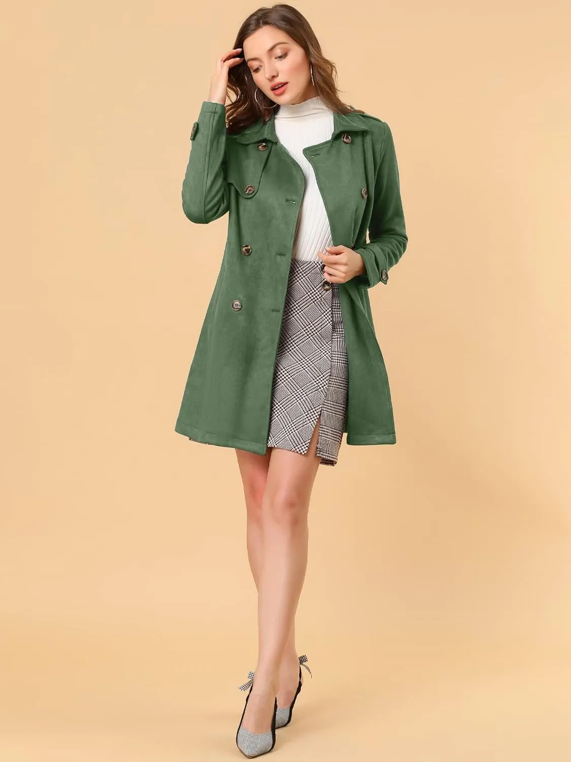 Allegra K Women's Faux Suede Trench Coat Notched Lapel Double Breasted Jacket with Belt