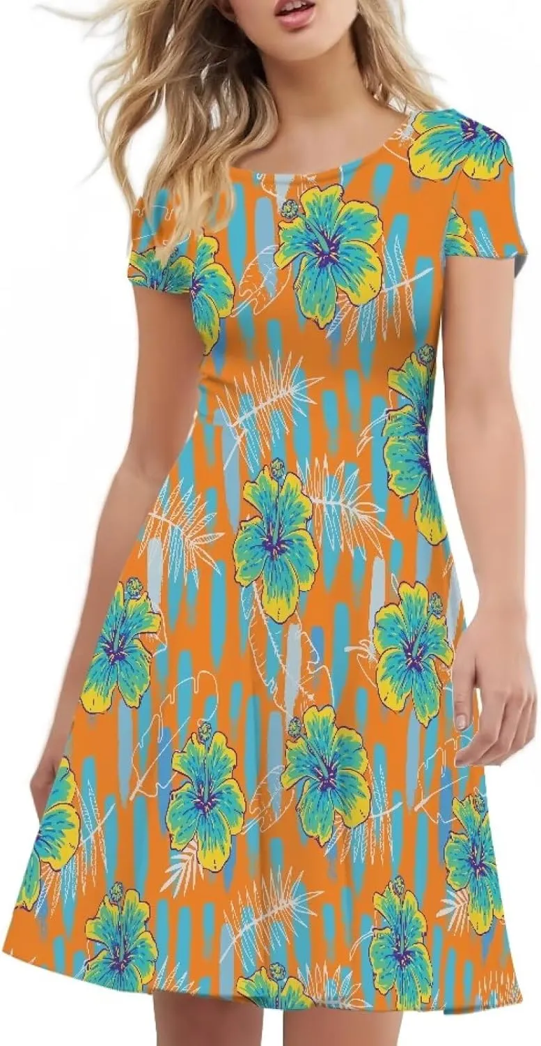 AmzPrint Women's Hawaiian Luau Dress in Hibiscus Elegant Casual Short Mini Swing A-Line Party Floral Dress for Wedding Guest