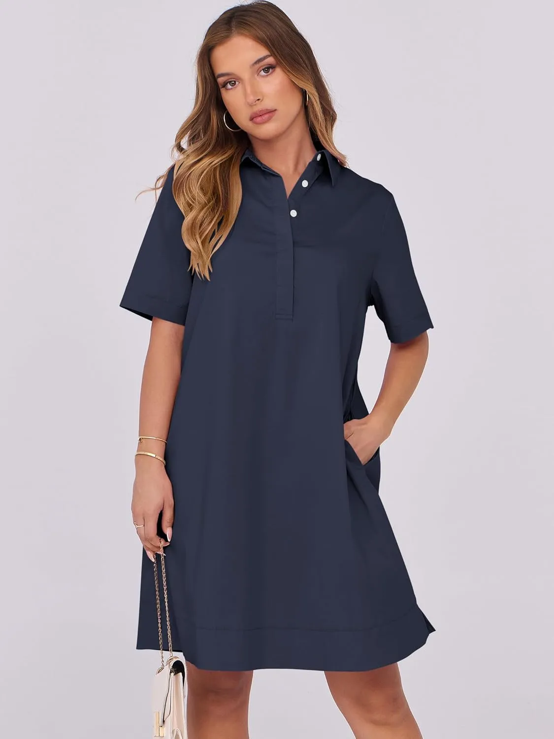 ANRABESS Women Button Down Shirts Dress Summer Casual Oversized Short Sleeve Mini Dresses with Pockets 2025 Trendy