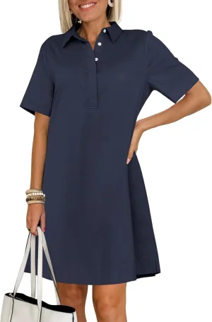 ANRABESS Women Button Down Shirts Dress Summer Casual Oversized Short Sleeve Mini Dresses with Pockets 2025 Trendy