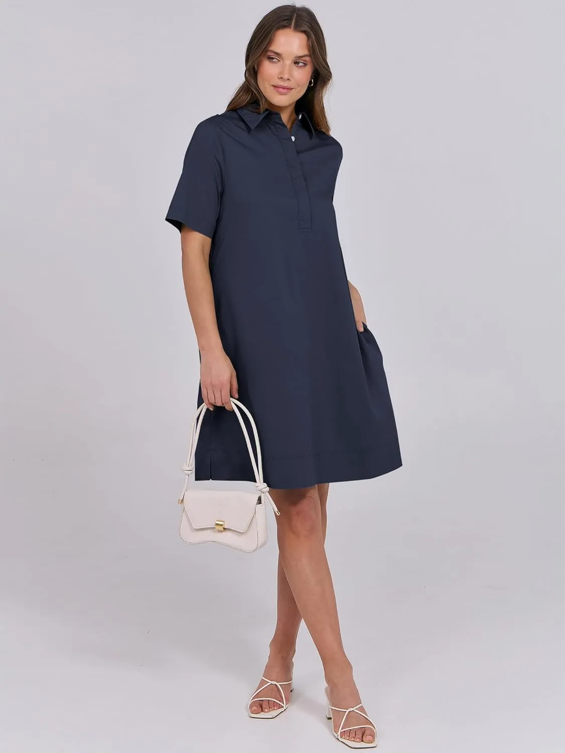 ANRABESS Women Button Down Shirts Dress Summer Casual Oversized Short Sleeve Mini Dresses with Pockets 2025 Trendy