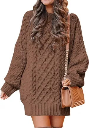 ANRABESS Women Long Sleeve Oversized Cable Knit Chunky Baggy Loose Pullover Tunic Mini Sweater Dress 2025 Trendy Fall Outfits