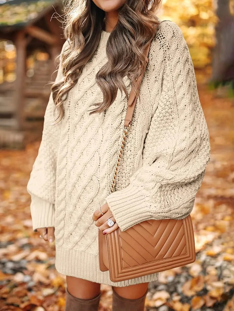 ANRABESS Women Long Sleeve Oversized Cable Knit Chunky Baggy Loose Pullover Tunic Mini Sweater Dress 2025 Trendy Fall Outfits