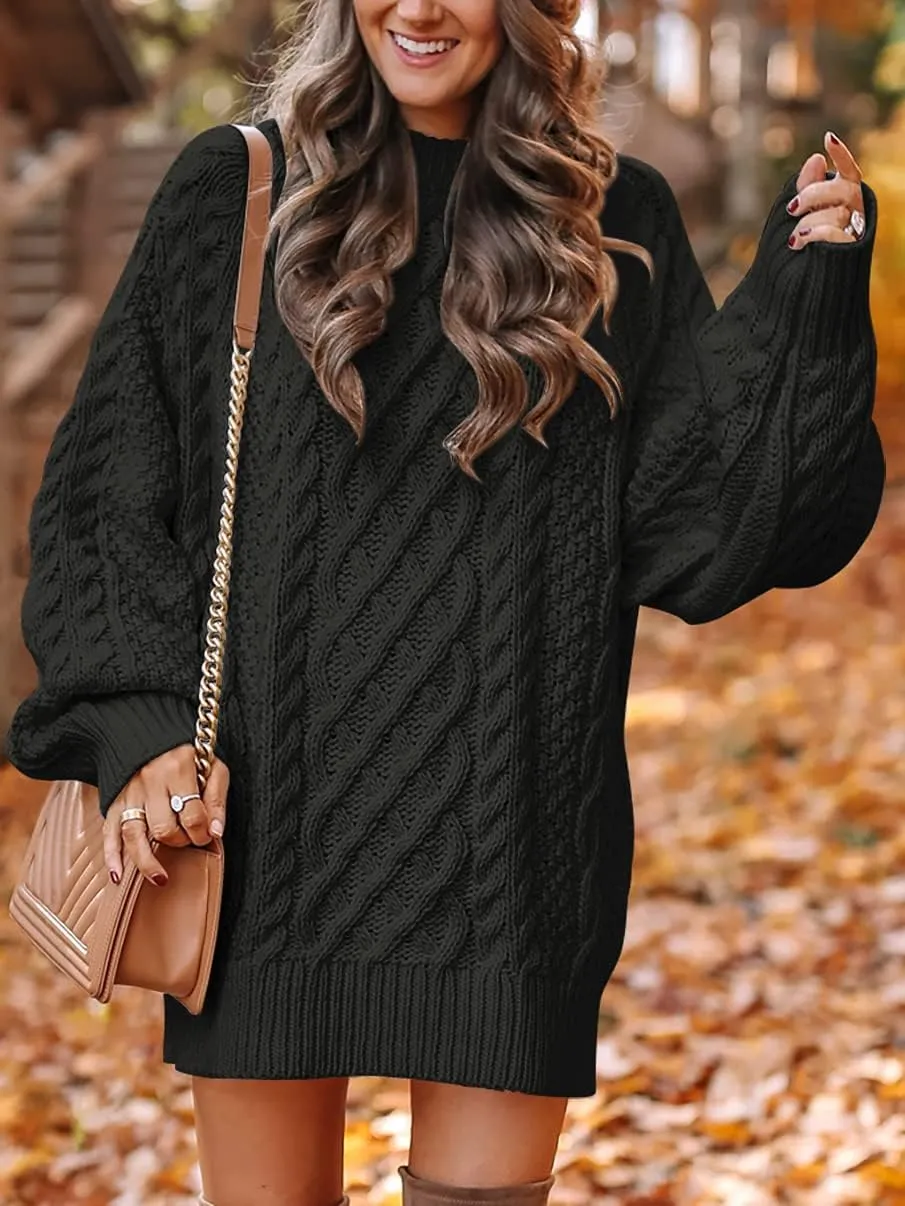ANRABESS Women Long Sleeve Oversized Cable Knit Chunky Baggy Loose Pullover Tunic Mini Sweater Dress 2025 Trendy Fall Outfits