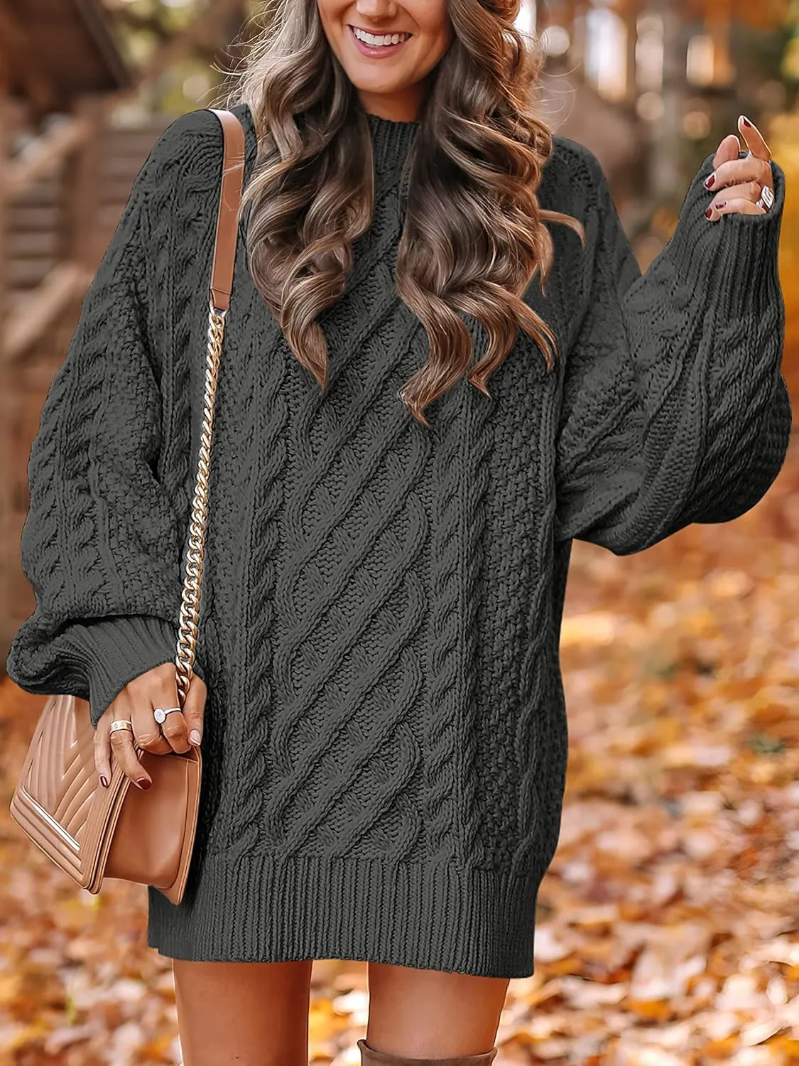ANRABESS Women Long Sleeve Oversized Cable Knit Chunky Baggy Loose Pullover Tunic Mini Sweater Dress 2025 Trendy Fall Outfits